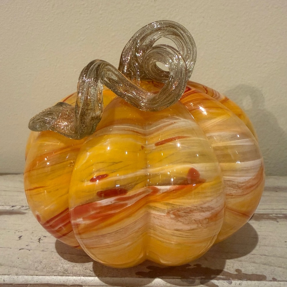 Hand-Blown Swirled Art Glass Pumpkin w/Curled Stem - Orange and Gold